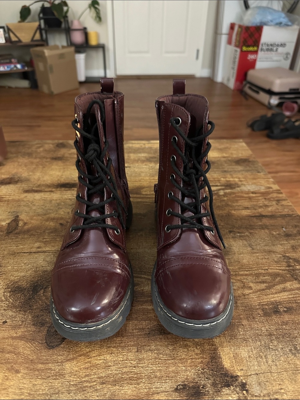 Women’s Lace-Up Leather Combat Boots in Burgundy